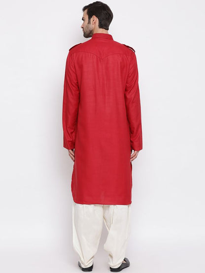 Men's Maroon Cotton Blend Pathani Pathani Kurta Set