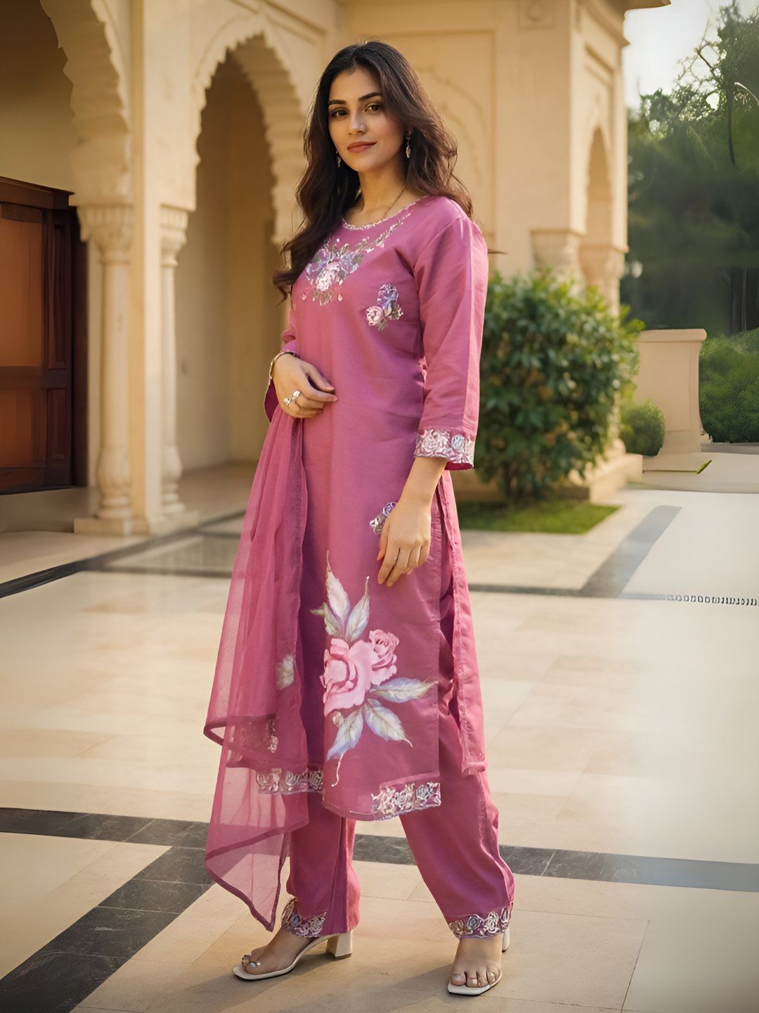 Floral Embroidered Thread Work Straight Kurta With Trousers & Dupatta