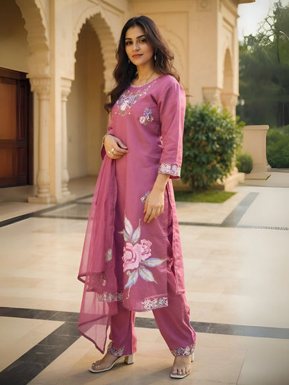 Floral Embroidered Thread Work Straight Kurta With Trousers & Dupatta