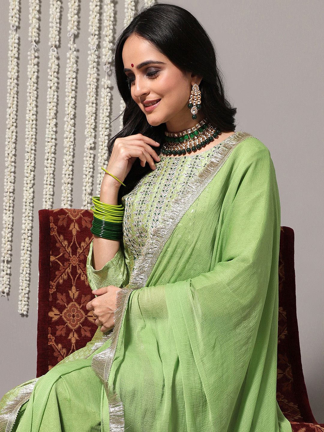 Dhiyona VA Women's Green Ethnic Motifs Gotta Patti Kurta with Trousers & With Dupatta