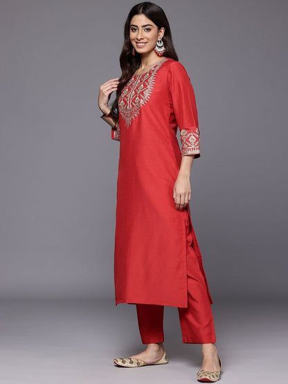 Dhiyona VA Women'sEthnic Motifs Zari Embroidered Sequinned Yoke Kurta & trouser With Dupatta