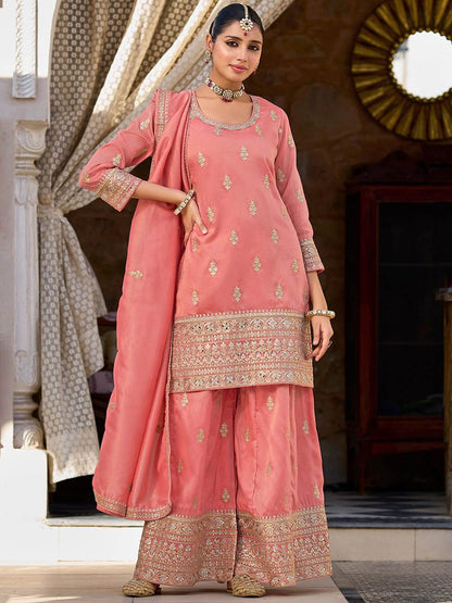 Women Floral Embroidered Kurti with Palazzo & Dupatta