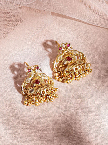 Dhiyona RJ Women's 22K Gold-Plated Red Stone with Gold Beaded Peacock Design Traditional Necklace Set