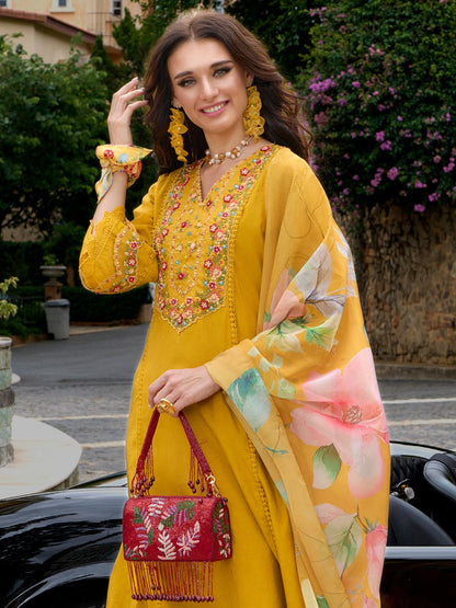 Dhiyona IE Floral Embroidered A-Line Kurta With Trousers & Dupatta