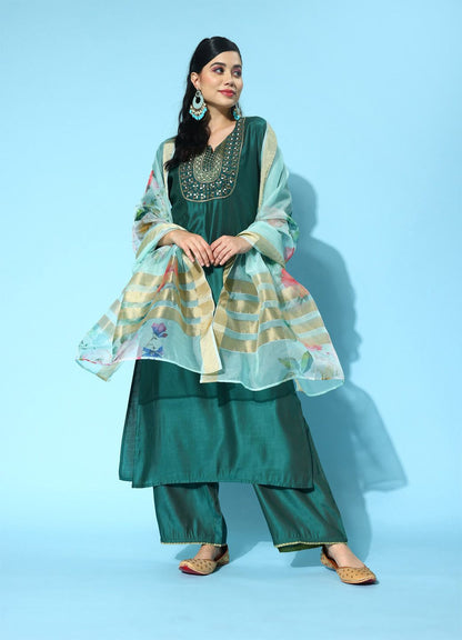 Dhiyona IE Ethnic Motifs Embroidered Sequinned Liva Kurta with Palazzos & Dupatta