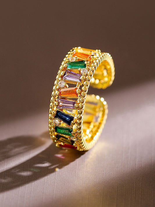 Dhiyona RJ Women's 18K Gold Plated Multicolored Baguette & Cubic Zirconia Studded Adjustable Ring