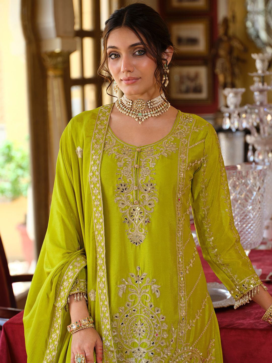 Women Ethnic Motifs Embroidered Regular Mirror Work Kurta with Palazzos & Dupatta