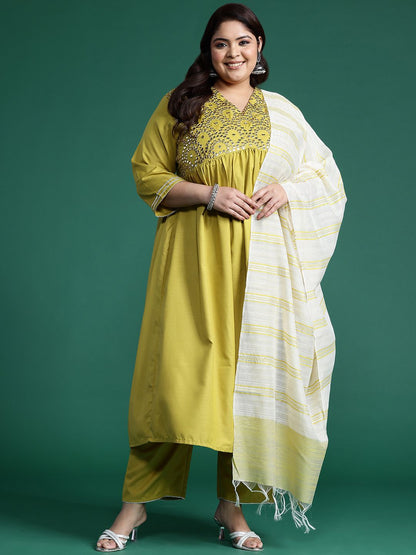 Dhiyona IE Plus Size Embroidered Empire Mirror Work Kurta With Trousers & Dupatta