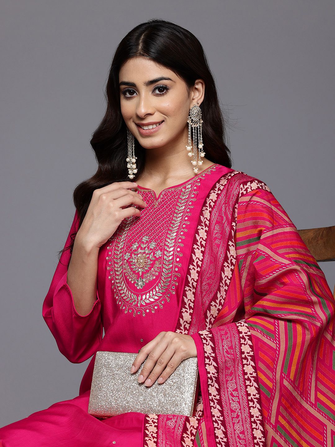 Dhiyona VA Women'sEthnic Motifs Yoke Design Gotta Patti Kurta With Trousers & Dupatta