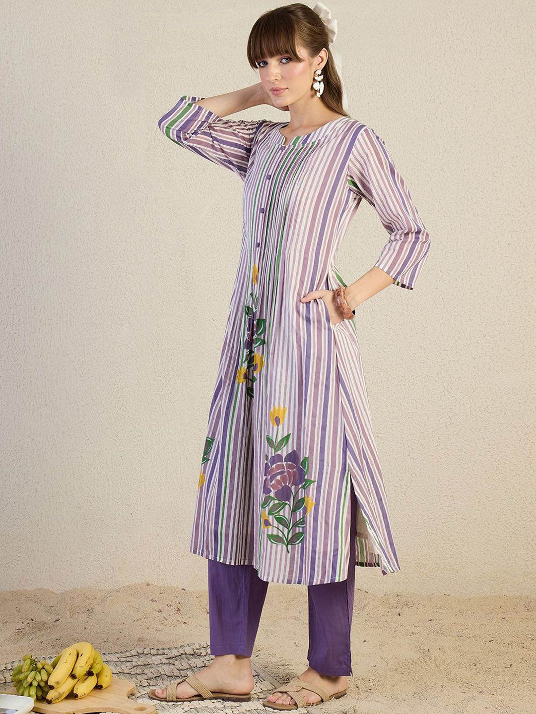 Striped Pure Cotton A-Line Kurta With Trousers