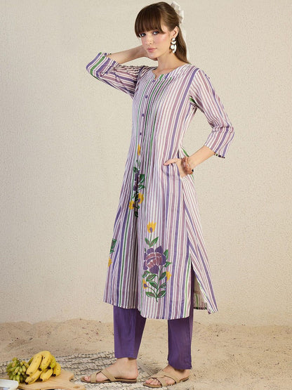 Striped Pure Cotton A-Line Kurta With Trousers