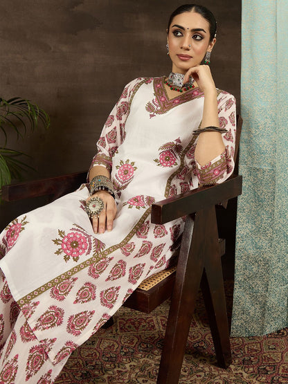 Ethnic Motifs Printed Regular Pure Cotton V-Neck Straight Kurta with Trousers