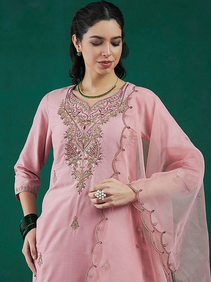 Embroidered Regular Sequinned Straight Kurta With Trousers & Dupatta