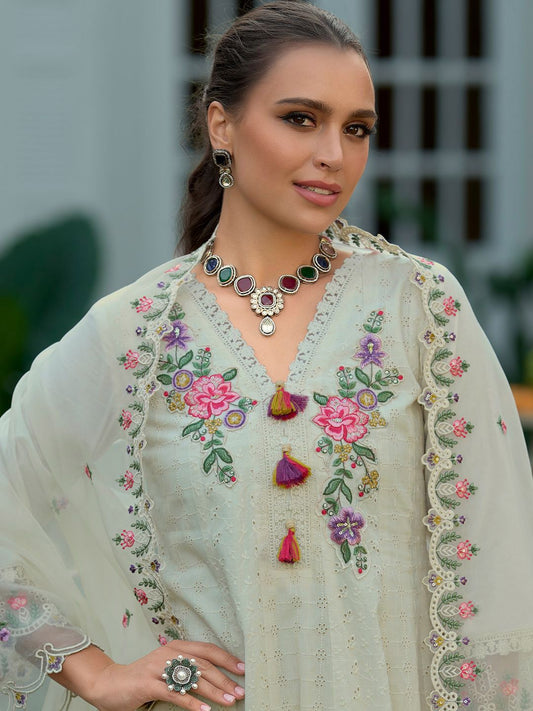 Floral Yoke Design Thread Work Pure Cotton Anarkali Kurta Wth Trousers & Dupatta