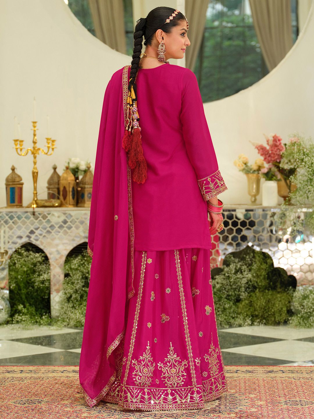 Dhiyona IE Floral Embroidered Sequinned Kurta With Sharara & Dupatta