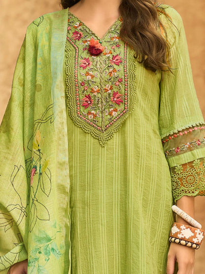 Dhiyona IE Women Floral Regular Thread Work Linen Kurta with Trousers & With Dupatta