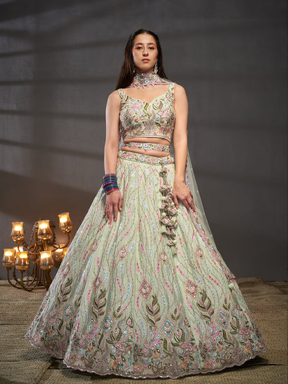 Women Lime Green Pure Chiffon Mirror Zarkan & heavy Sequin embroidery Semi-Stitched Bridel Lehenga choli & Dupatta
