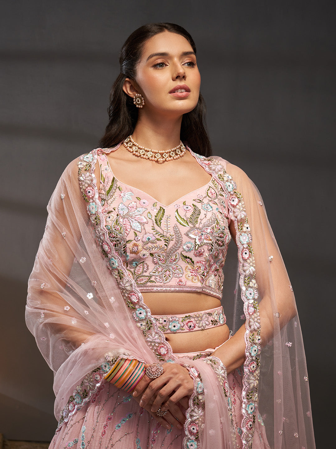 Women Pink Pure Chiffon Mirror Zarkan & heavy Sequin embroidery Semi-Stitched Bridel Lehenga choli & Dupatta