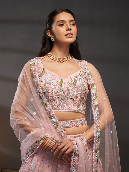 Women Pink Pure Chiffon Mirror Zarkan & heavy Sequin embroidery Semi-Stitched Bridel Lehenga choli & Dupatta