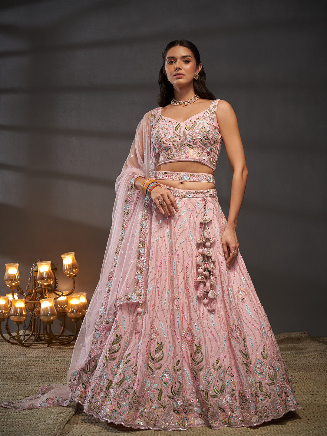 Women Pink Pure Chiffon Mirror Zarkan & heavy Sequin embroidery Semi-Stitched Bridel Lehenga choli & Dupatta