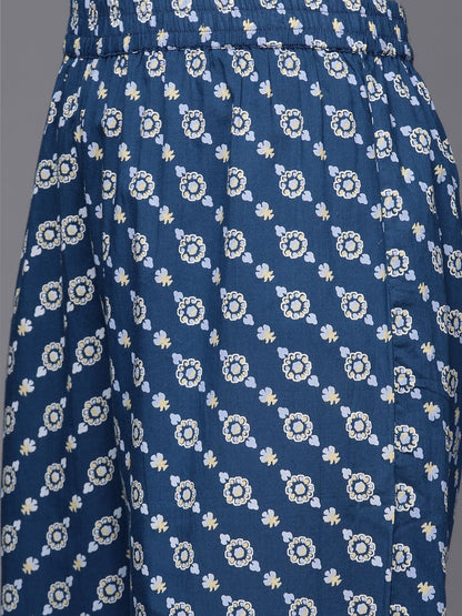 Dhiyona VA Women's Beige & Blue Printed Pure Cotton Kurta with Trousers