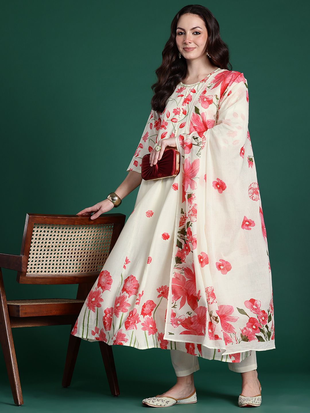 Dhiyona IE Floral Printed Regular Pure Cotton Kurta with Trousers & With Dupatta