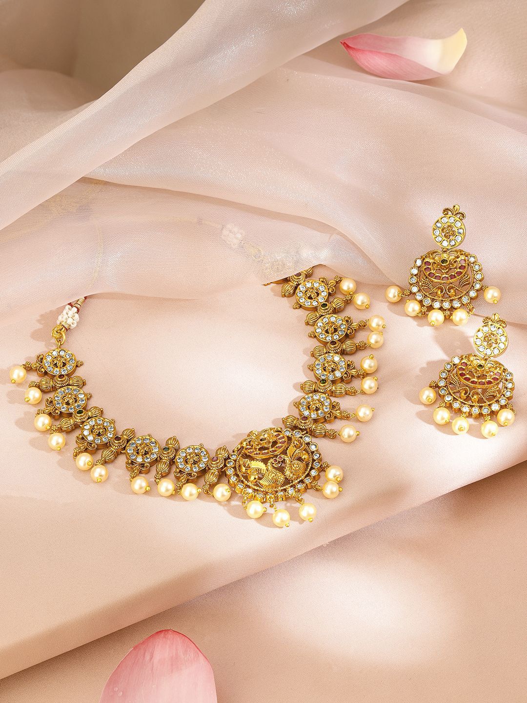 Dhiyona RJ Women's 22K Gold-Plated Ruby & White Zirconia Studded Pearl Beaded Temple Jewellery Set