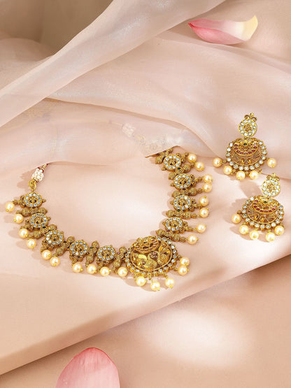 Dhiyona RJ Women's 22K Gold-Plated Ruby & White Zirconia Studded Pearl Beaded Temple Jewellery Set