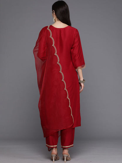 Dhiyona IE Floral Yoke Design Straight Sequined Kurta with Trousers & Dupatta