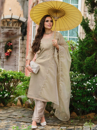 Floral Yoke Design Sequnnied Straight Kurta With Trousers & Dupatta