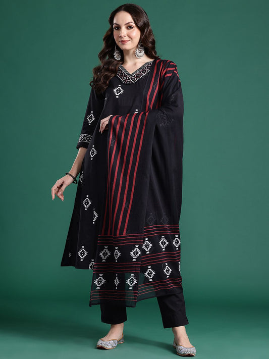 Dhiyona IE Ethnic Motifs Printed Thread Work Pure Cotton Kurta With Trousers & Dupatta