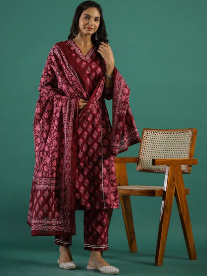 Dhiyona SN Women's Printed Pure Cotton Straight Kurta With Trouser & Dupatta Set