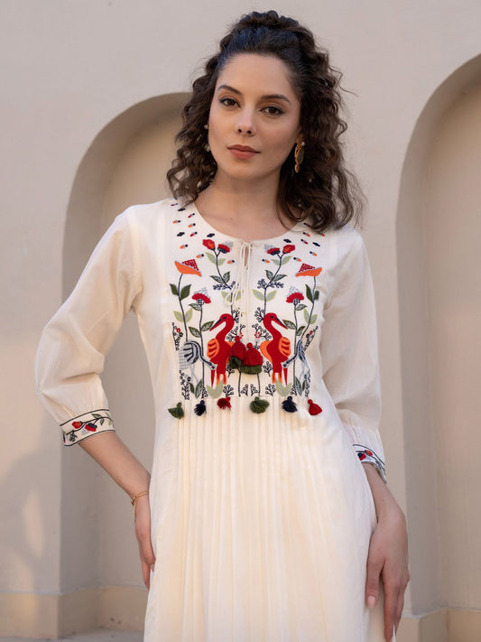 Dhiyona IE Floral Embroidered Tie-UP Neck Pleated A-Line Pure Cotton Kurta With Trousers