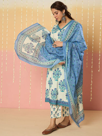 Women Floral Printed Regular Pure Cotton Kurta with Trousers & With Dupatta