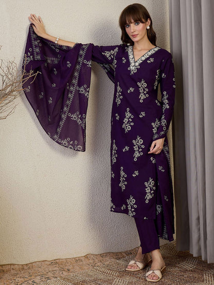 Women Floral Printed Regular Pure Cotton Kurta with Trousers & Dupatta