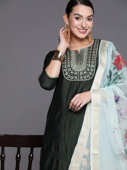 Dhiyona IE Women Ethnic Motifs Embroidered Sequinned Liva Kurta with Palazzos & With Dupatta