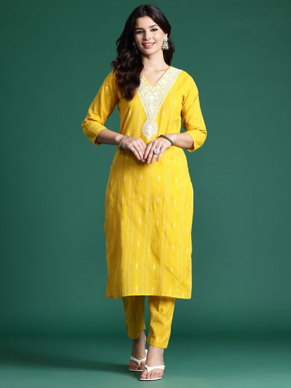 Dhiyona IE Ethnic Motifs Embroidered Thread Work Pure Cotton Kurta with Trousers