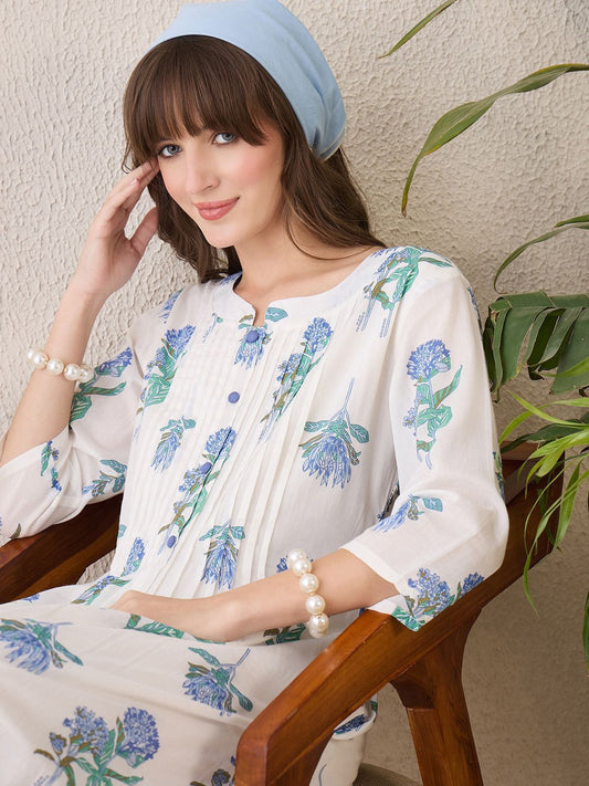 Dhiyona IE Floral Printed Round Neck Pure Cotton A-Line Kurta With Trouser