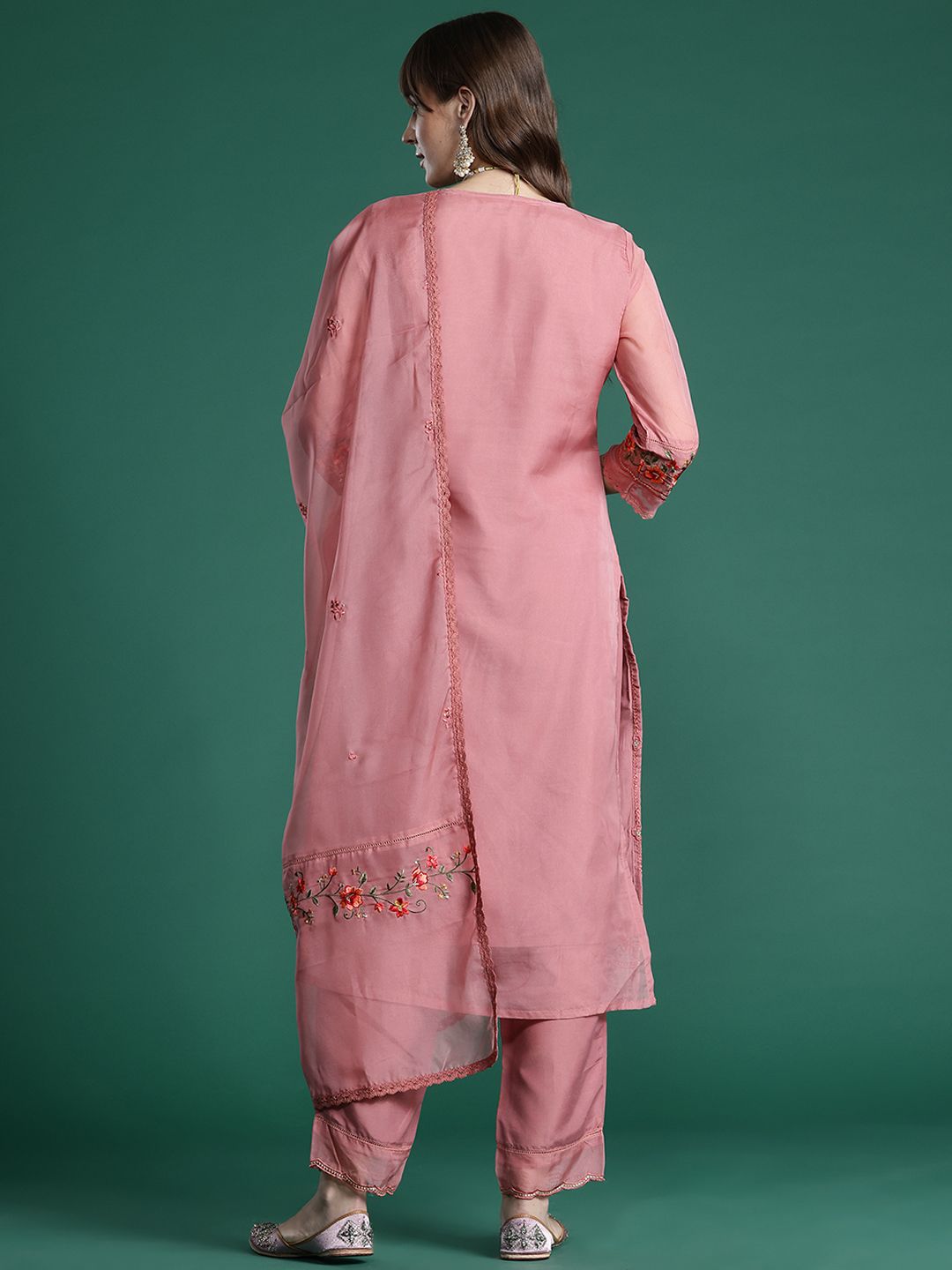 Floral Embroidered Thread Work Kurta with Trousers & With Dupatta