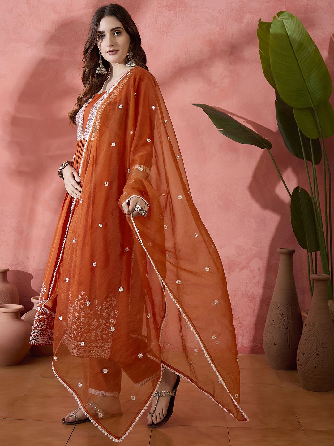 Dhiyona SN Women's Orange Floral Embroidered Pleated Thread Work A-Line Kurta With Trouser & Dupatta