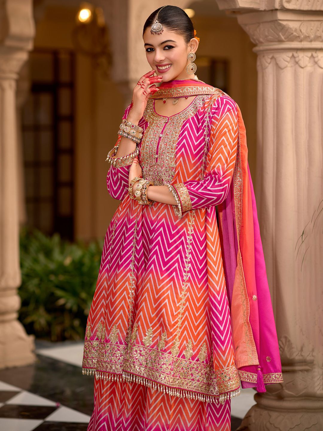 Chevron Printed Sequinned Round Neck A-Line Kurta With Palazzos & Dupatta