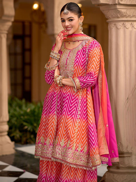 Chevron Printed Sequinned Round Neck A-Line Kurta With Palazzos & Dupatta