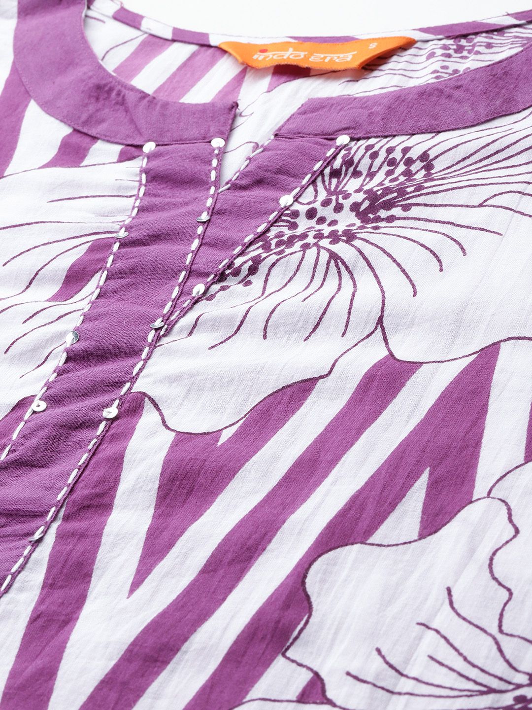 Floral Printed Regular Sequinned Pure Cotton Kurta with Trousers