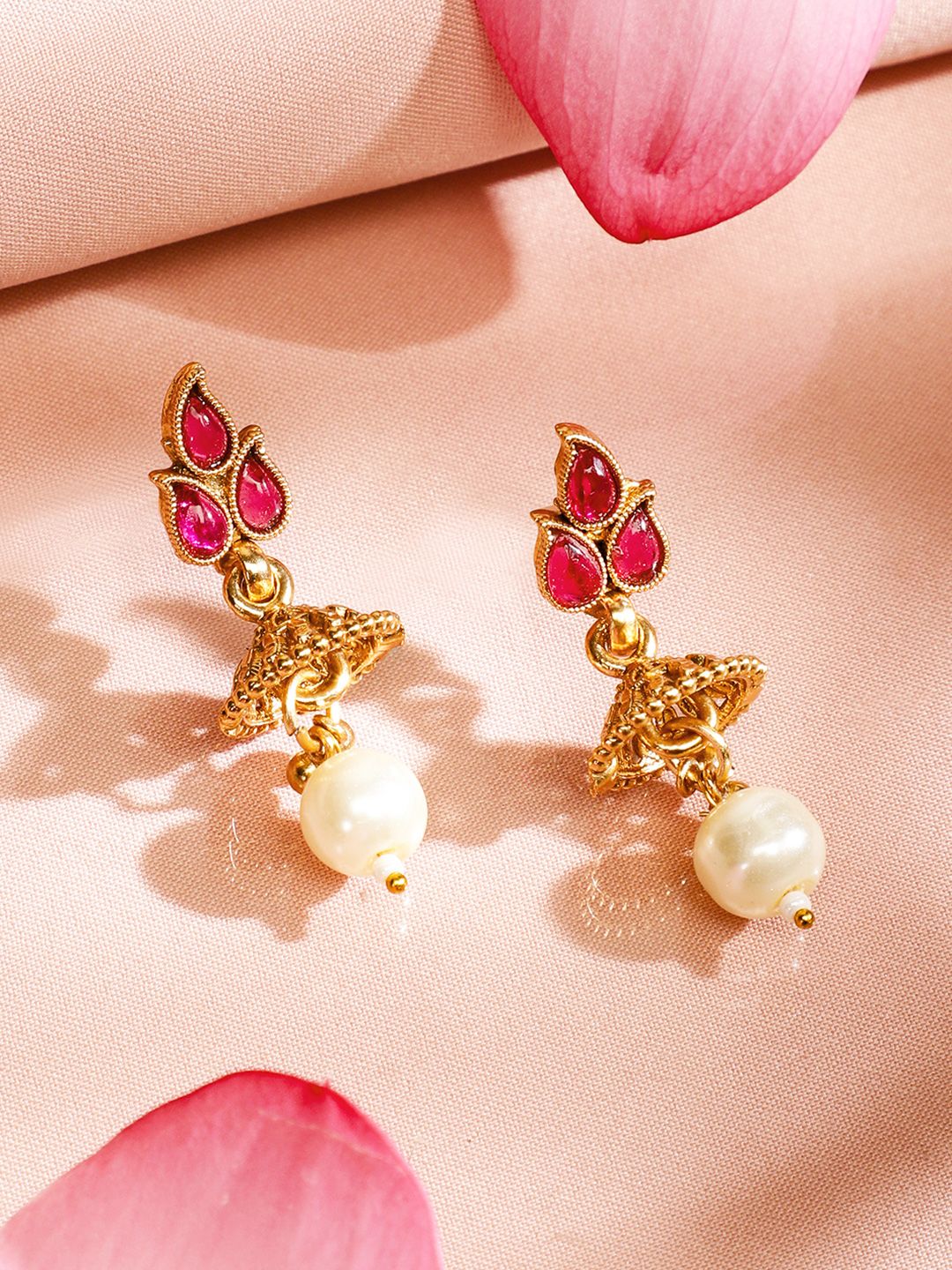 Dhiyona RJ Women's 22K Gold-Plated Handcrafted Brass Necklace Set with Ruby Red Stones & Pearl Drops