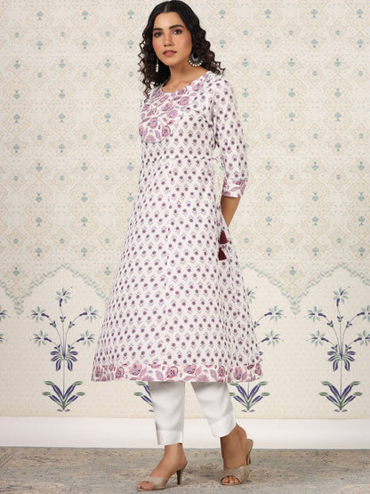 Dhiyona OD  White Floral Printed Pure Cotton A-Line Kurta