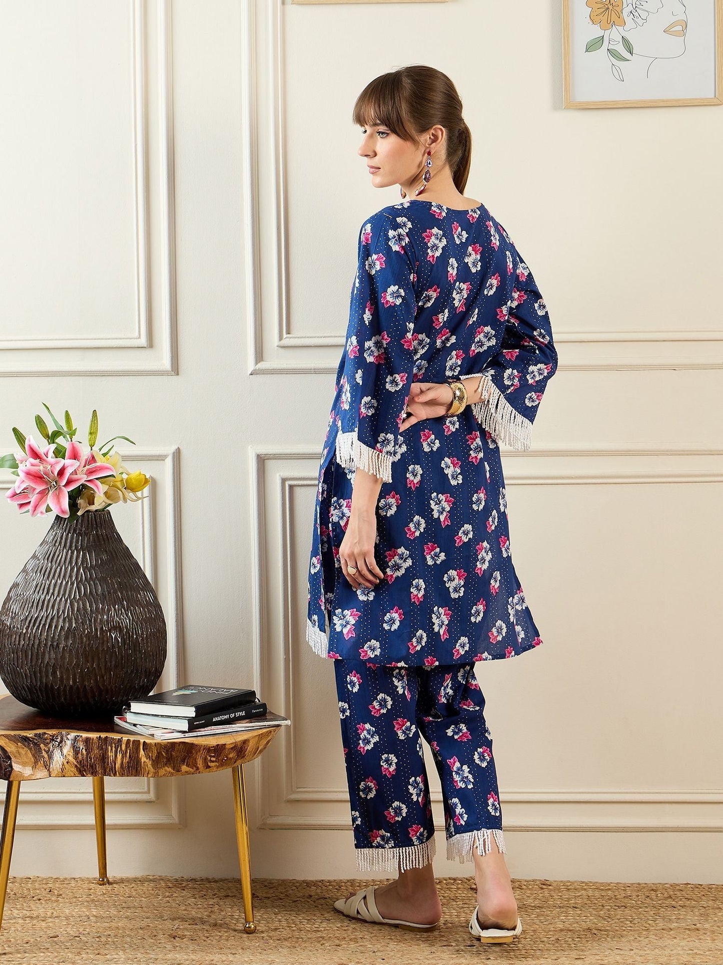 Dhiyona IE Floral Printed Pure Cotton Notch Neck Straight Kurta With Trousers