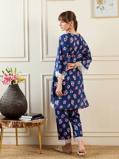 Dhiyona IE Floral Printed Pure Cotton Notch Neck Straight Kurta With Trousers