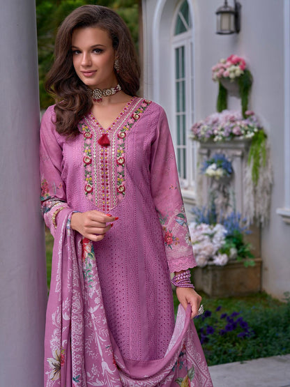 Floral Embroidered Mirror Work Pure Cotton Kurta With Trousers & Dupatta