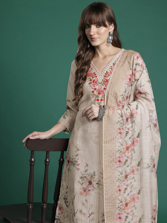 Dhiyona IE Floral Embroidered Pure Cotton Kurta with Trousers & Dupatta