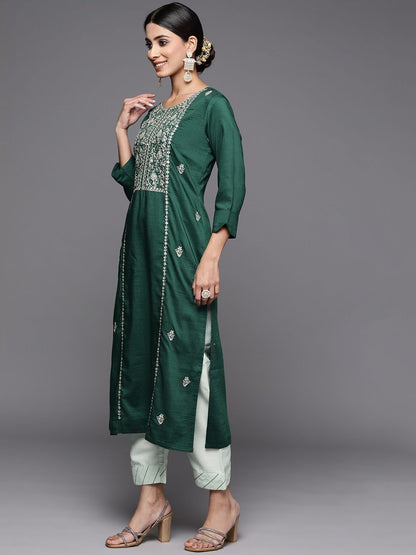 Dhiyona VA Women's Green Ethnic Motifs Yoke Design Gotta Patti Pure Cotton Kurta with Trousers & With Dupatta
